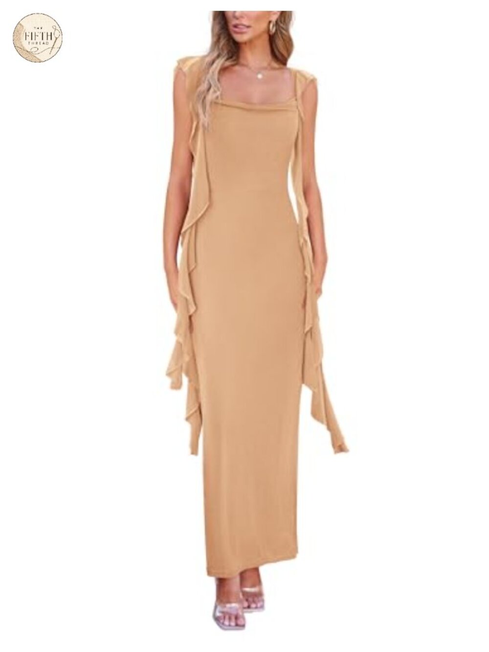 Women's Ruffle Bodycon Maxi Dress Sweetheart Neck Cap Sleeve